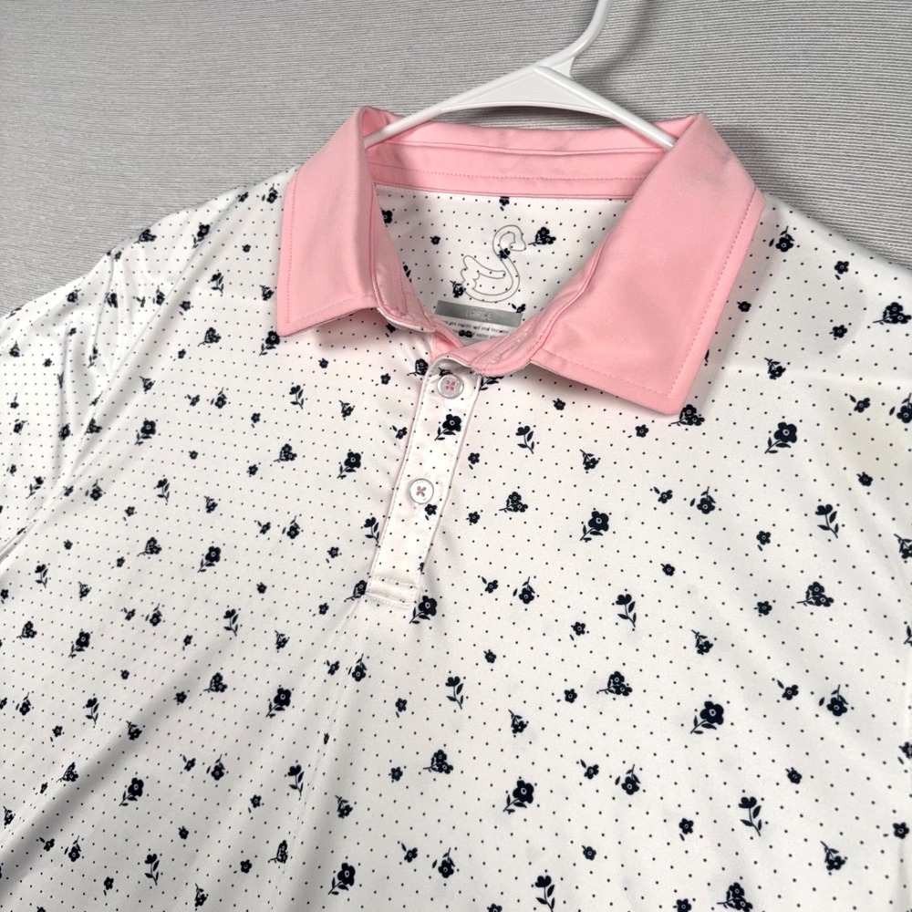Swannies Golf Polo Shirt Mens Size L White Pink Black Floral Polyester